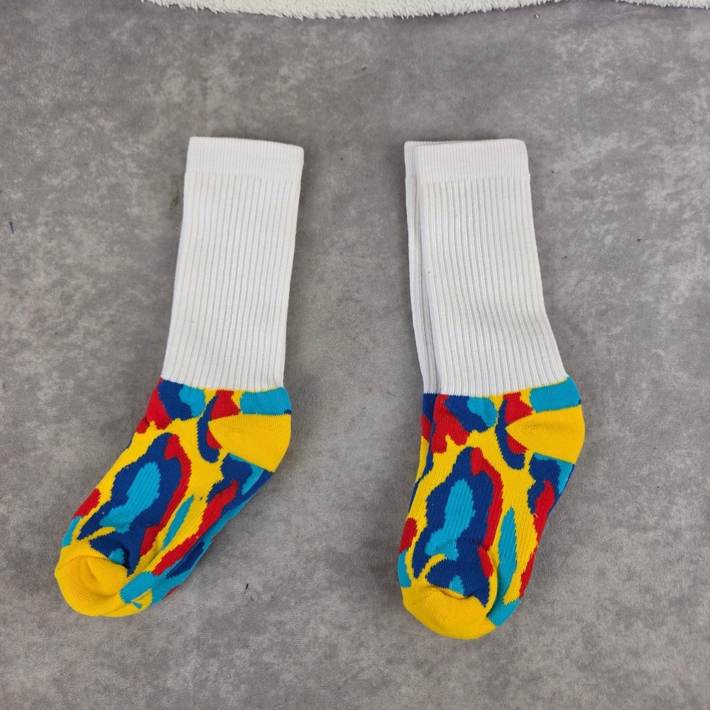 Kids Abstract Camo Crew Socks Yellow Red Blue White Ribbed Size S